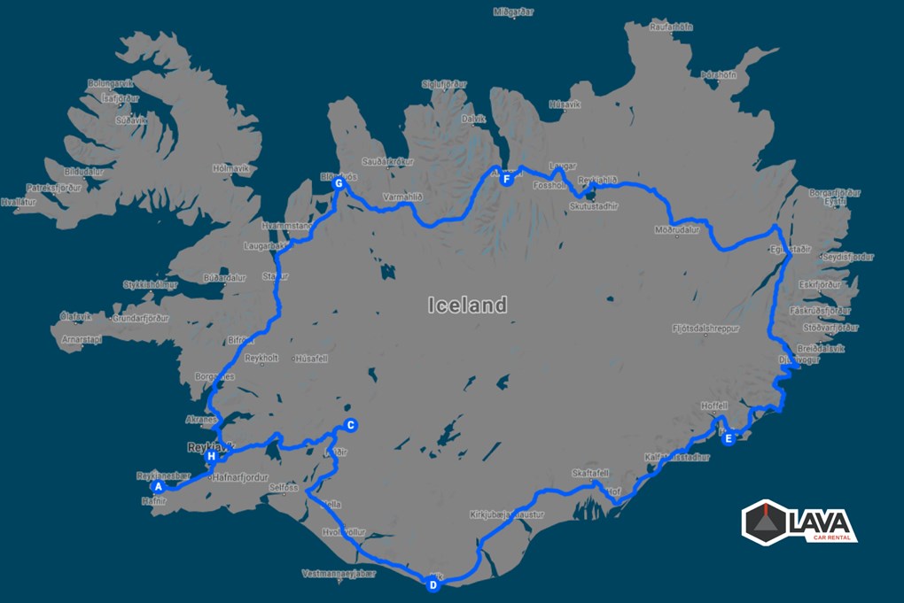 Mapa de la ruta de invierno de 10 días en Islandia en coche