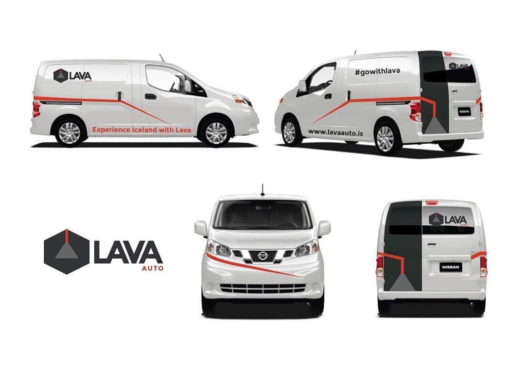 Lava Car Rentals Nissan Camper Van Side View, Side Rear View, Lava Auto Logo, Front View, Rear View