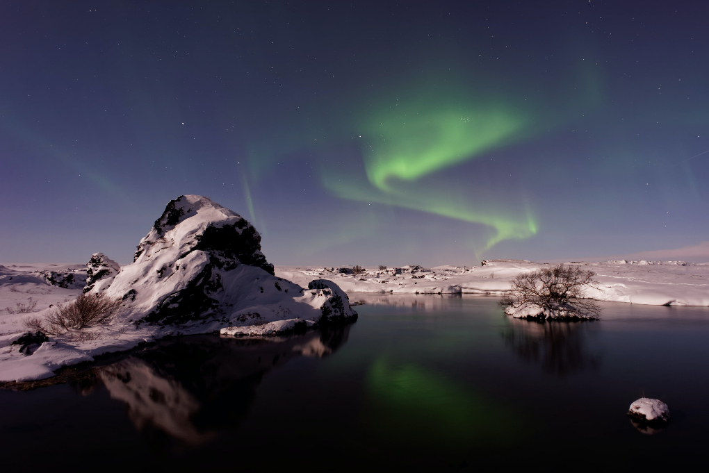 Las auroras boreales danzando sobre Myvatn en el norte de Islandia