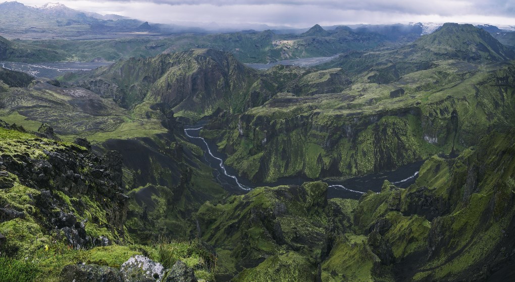 The green landscapes in Thórsmörk, in the Icelandic Highlands