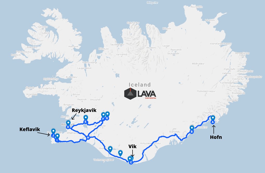 Mapa de 5 días en Islandia en verano en coche