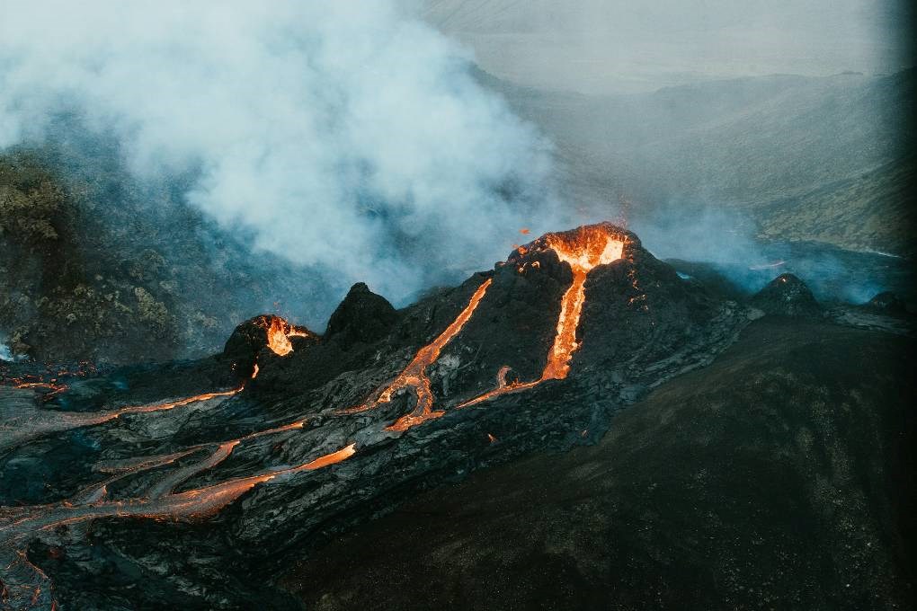 Volcano during an eruption in Iceland