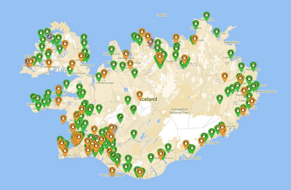 EV charging stations map in Iceland