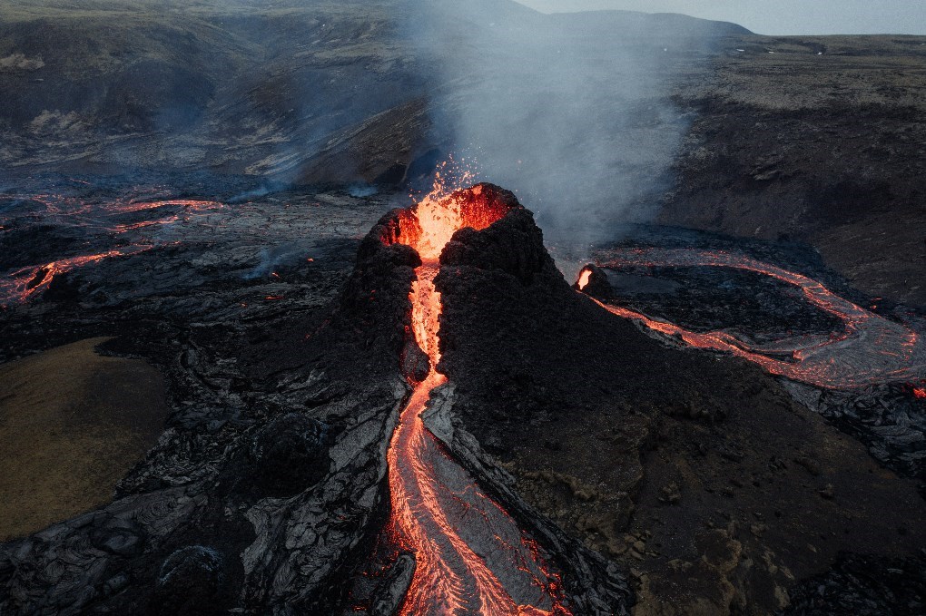 Fagradalsfjall during a volcanic eruption on the Reykjanes Peninsula, Iceland