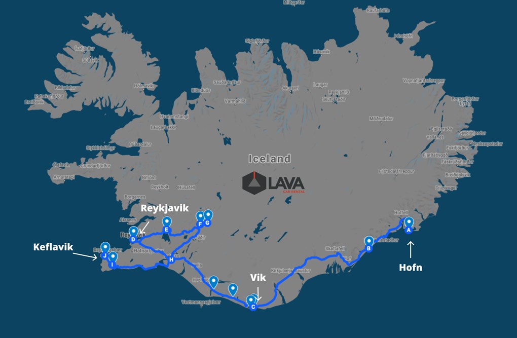 Mapa de la ruta de invierno de Islandia de 5 días en coche