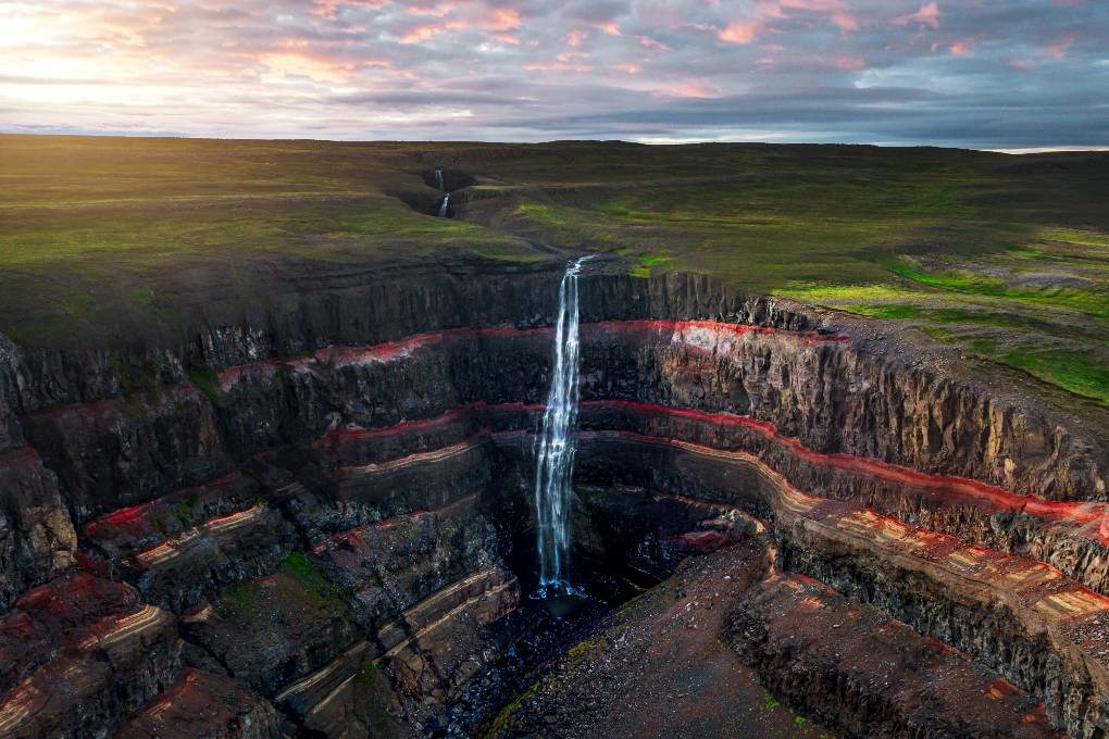 Hengifoss waterfall in July in Iceland