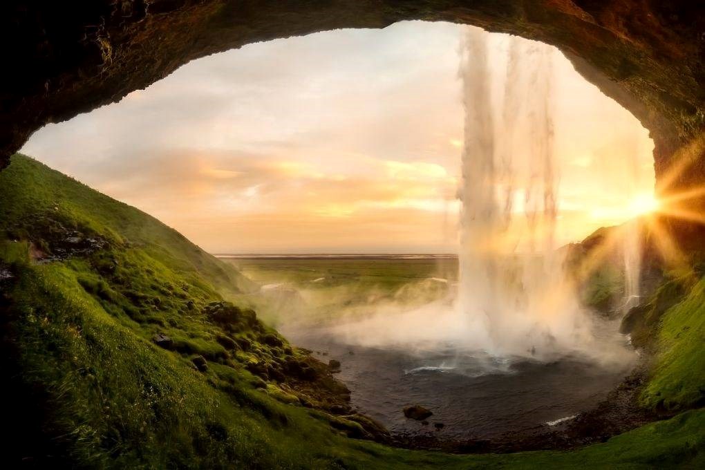 Seljalandsfoss during a bright night in summer in Iceland