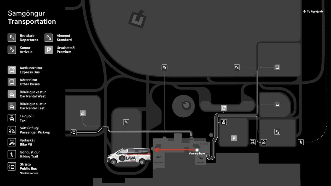Map of airport pick-up at Keflavik airport with Lava Car Rental Punto di incontro serale per il servizio navetta aeroportuale.