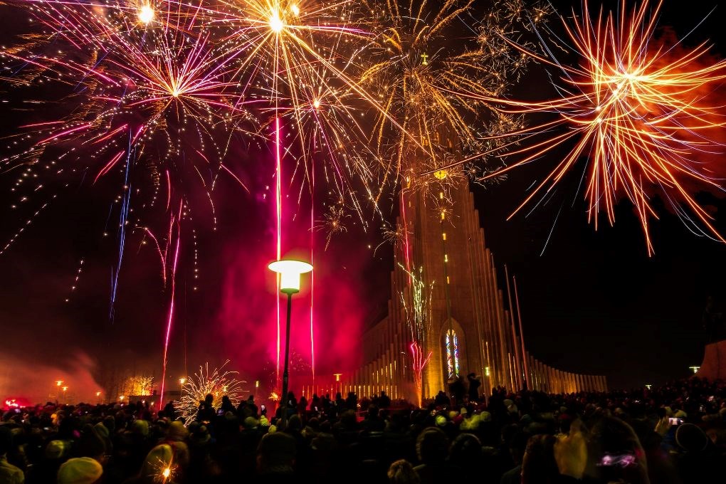 There are many fireworks on New Year Eve in Reykjavik, Iceland