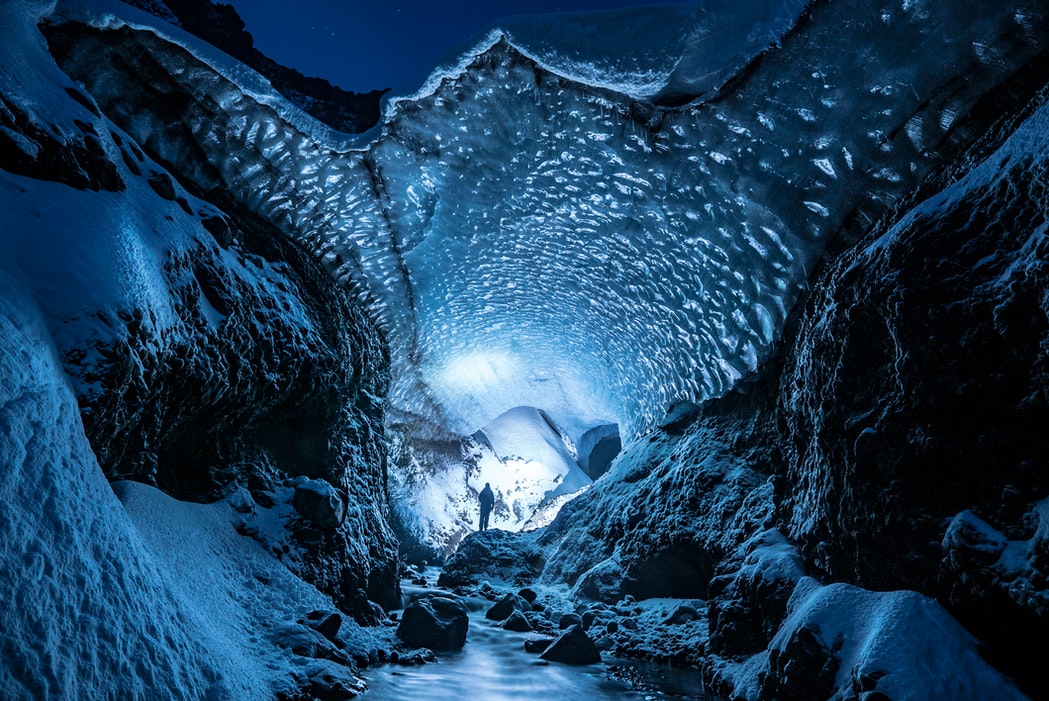 blue ice cave in Iceland in wintertime