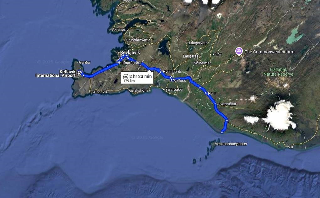 Map of the road from Keflavik airport to Landeyjahöfn harbour to go to Westman Islands in Iceland