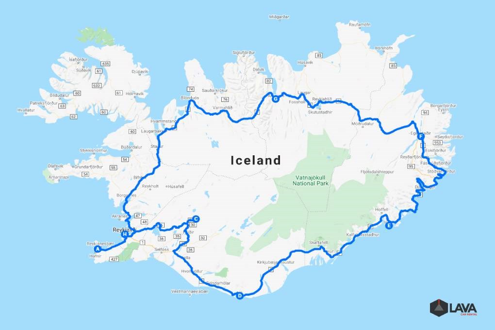 Itinéraire d'été pour 8 jours en Islande
