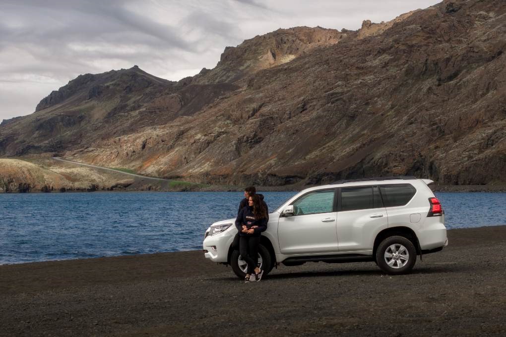 Travellers on a road trip in Reykjanes peninsula, Iceland Travellers on a road trip in Reykjanes peninsula, Iceland