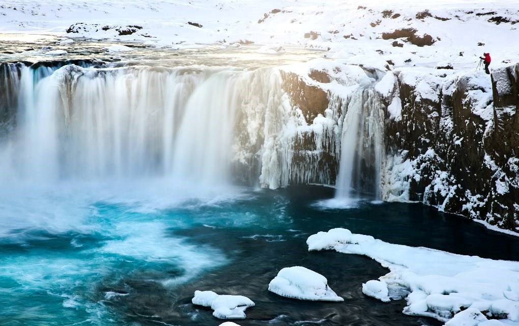 Snowy waterfall in Iceland